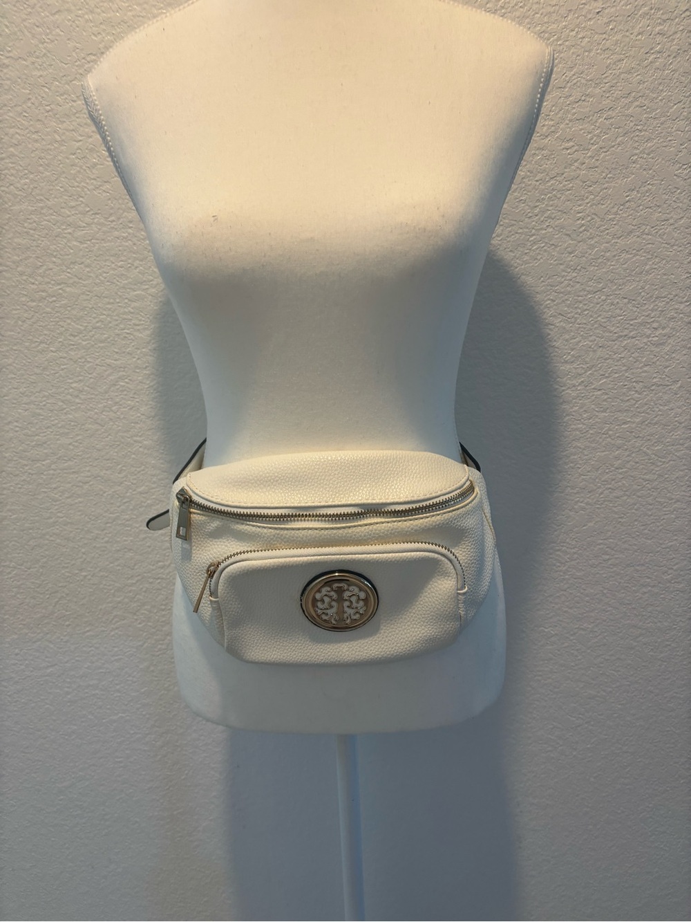 Cream Crossbody Belt Bag with Gold Medallion Accent